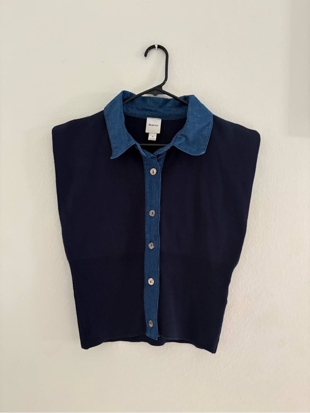 Anthropologie Navy Knit Button-Down with Denim Collar